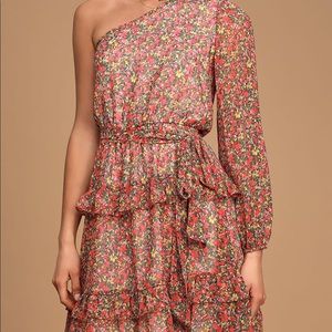 Lulus Anew Romance Pink Floral Spring One Shoulder Mini Dress, Small, Worn Once!